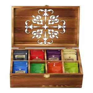 Factory Wholesale Custom 8 Compartments Bamboo Wooden Tea Bag Holder Tea Storage Organizer Box With Clear Acrylic Window