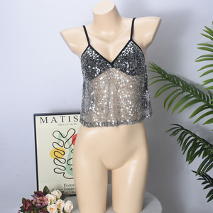Spot New <b>Sequined</b> See-Through V-Neck Spaghetti Straps Sexy <b>Top</b> for Women Fashion - Product Image 4
