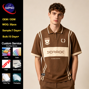 QZFSO Custom Logo Men's Retro Football Jersey Polo Shirt Ribbed Collar Buttoned Placket Striped Trim Streetwear Polo <b>Tops</b> - Product Image 1