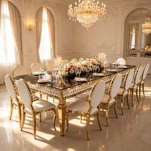 Luxury Gold Legs Black Tempered Glass Round Stainless Steel Wedding Event Banquet Furniture Dinning Dining <b>Tables</b> Chair Set - Product Image 1