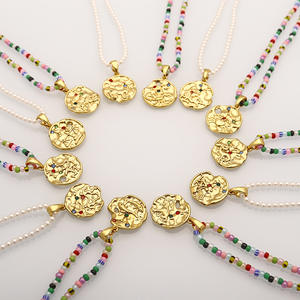 Hammered Medallion Pendant Pearl Beaded Celestial Astrology Constellations 18K Gold Plated Zodiac Jewelry Sign <strong>Coin</strong> <strong>Necklace</strong> - Product Image 1