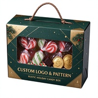 Boîte à bonbons personnalisée verte et or avec poignée en corde torsadée, fenêtre transparente et impression d'étoiles dorées pour offrir des bonbons de Noël