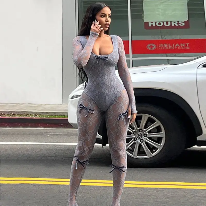 Lace Bow Jumpsuits Women Solid Sexy Coquette Full Sleeve Square Neck See Through Slim Overalls Female Midnight Attirewear