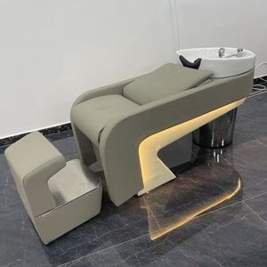Sillón de Lavado de Cabello Moderno Color Beige, con Asiento de Cuero PU y Taburete, para Salón de Belleza - Product Image 1