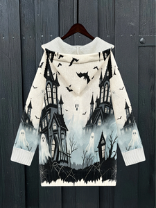 Cardigan à capuche boutonné pour <span class=keywords><strong>femme</strong></span>, imprimé gothique château hanté, chauve-souris et toile d'araignée, manteau décontracté pour le quotidien et les fêtes, personnalisation possible - Product Image 2