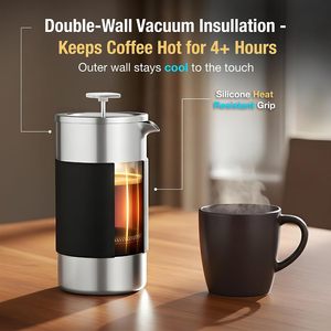 Cafetière à piston portable en acier inoxydable de 350 ml, double paroi, pour le voyage en extérieur, usage personnel pour le camping - Product Image 2