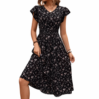 Robe élégante pour femmes européennes et américaines, col en V, taille cintrée, manches hibiscus, imprimée. ODM OEM