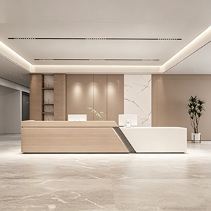 CR116 Two Tone Wood Grain LED Ambient Reception Desk Geometric Design Front Counter for Startup Office Creative Agency Studio - Product Image 1