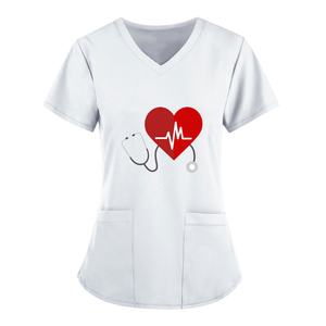 Camiseta de poliéster con estampado de corazón para mujer, camisetas médicas de enfermera con estetoscopio ECG, <span class=keywords><strong>uniformes</strong></span> de Hospital - Product Image 2