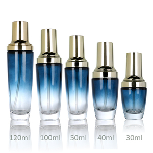 ขวดแก้วบรรจุภัณฑ์บำรุงผิวไล่เฉดสีน้ำเงิน ขนาด 30 มล./40 มล./50 มล./100 มล./120 มล./20 กรัม/30 กรัม/50 กรัม พร้อมหัวปั๊มโลชั่นและหัวฉีดสเปรย์ ฝาสีทอง - Product Image 5