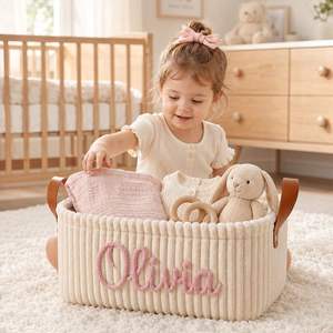 Panier de rangement pour bébé en velours côtelé personnalisé avec nom, pliable, pour la crèche, décoration esthétique bohème, pratique, pour nourrisson - Product Image 3