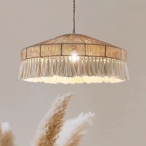 <span class=keywords><strong>Lampadario</strong></span> Artigianale Wabi-Sabi con Nappe in Macramè, Intrecciato in Corda Naturale, Rattan e Lino, Stile Bohemien, con LED - Product Image 1