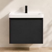 Kabinet Kamar Mandi Dinding Berbahan Aluminium Sarang Lebah Abu-Abu Tua Kompak dengan Wastafel Keramik dan Rak Dinding Panel Datar