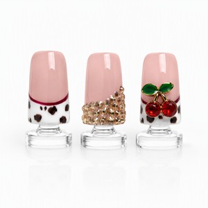 Uñas Postizas Cuadradas Estilo Francés, Uñas de ABS con Diseño de Cerezas y Diamantes de Imitación, Cobertura Completa para Dedos - Product Image 2