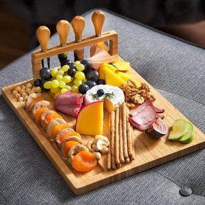 Wholesale <b>Large</b> Wood Eco Friendly Custom Logo Wooden Bamboo Charcuterie Platter and Serving Cheese Board Set With 4 Knife Set - Product Image 3