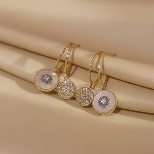 Femmes ronde coquille fleur incrusté Zircon pendentif boucles d'oreilles goutte bijoux de fête de mariage cadeau aiguille circulaire boucles d'oreilles - Product Image 3