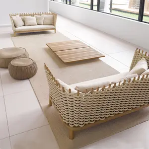 Moderne Tuin Terras Houten Lazy Lounge Meubels Set Patio Balkon Hoek Touw Rieten Teakhout Outdoor Sofa