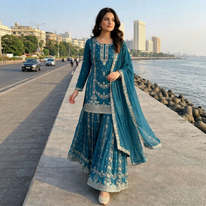 Ensemble Anarkali en soie brodée bleu sarcelle avec dupatta, tenue traditionnelle indienne et pakistanaise pour femme, longueur genou, pour mariage, coupe classique, séchage rapide - Product Image 1