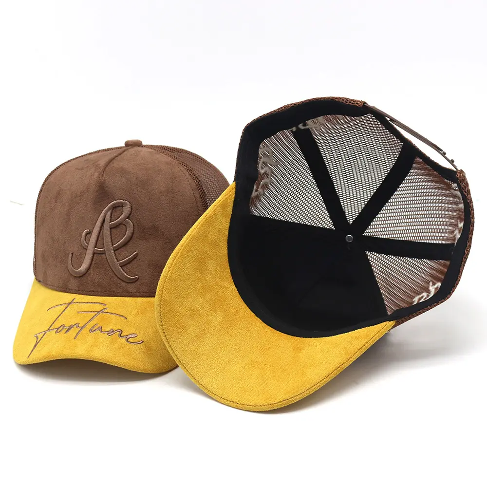 high quality custom 3d embroidery curved brim classic vintage suede mesh trucker hat