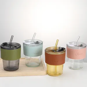 Nhà Máy Giá 15 Oz Rõ Ràng Glass Cup Với Nắp Và Rơm Dày-Tường Thủy Tinh Cốc Cà Phê Đá Cốc Với Da Bìa Cốc Cà Phê