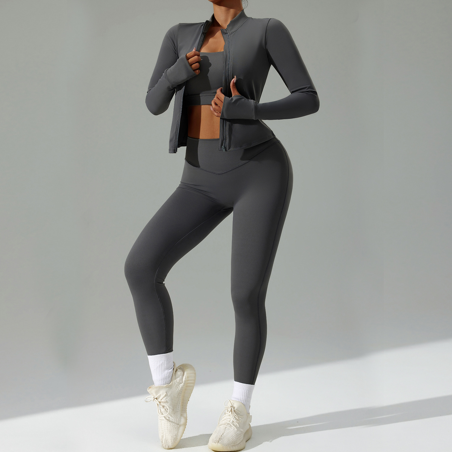 Women Quick Drying Three-Piece Fitness Sportswear Set Cross Border New Tight Yoga Clothing Suit Front Solid Cardigan Running