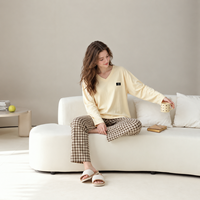 Ensemble de vêtements de nuit et de détente pour femmes en coton modal à carreaux, coupe ample, 2 pièces, faible MOQ