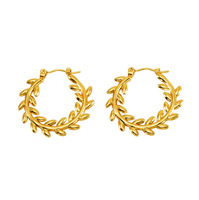 Boucles d'oreilles en acier inoxydable en gros, style luxe Old Money, créoles texturées feuille de laurier, bijoux élégants en or, cadeau pour elle