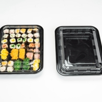 Vente directe d'usine en gros, boîte à lunch rectangulaire noire en PET de qualité alimentaire, jetable, pour salade, sandwich, nouilles, gâteau de riz