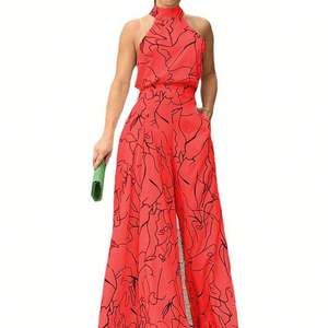 ชุดจั๊มสูทแขนกุดคอโอแบบเรียบหรู กางเกงขายาวทรงกว้าง ชุดเซ็ต 2 ชิ้น สำหรับผู้หญิง ลายดอกไม้ สไตล์ลำลอง สำหรับฤดูใบไม้ผลิและฤดูร้อน - Product Image 4