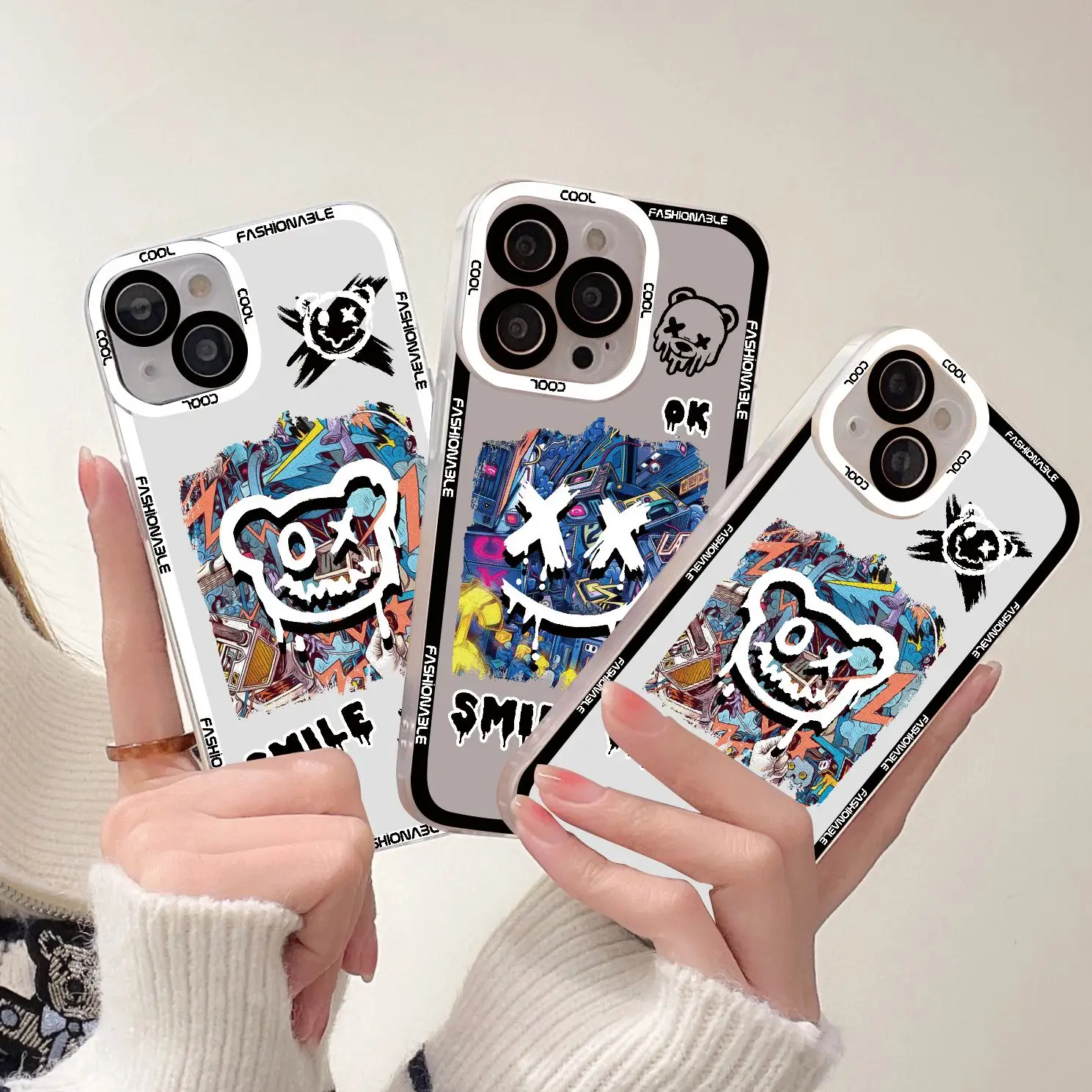 Black graffiti smiley phone case for iphone 14 13 12 11 Pro Max XR X XS 7 8 Plus funny bear cover