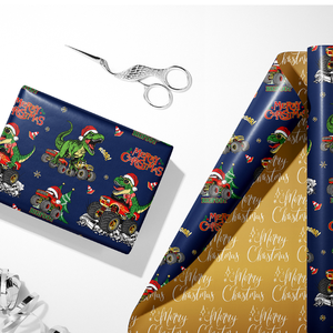 Papier d'emballage doré à double face, nouveau style de Noël, motif dinosaures montés sur camion, pour garçons et enfants - Product Image 4