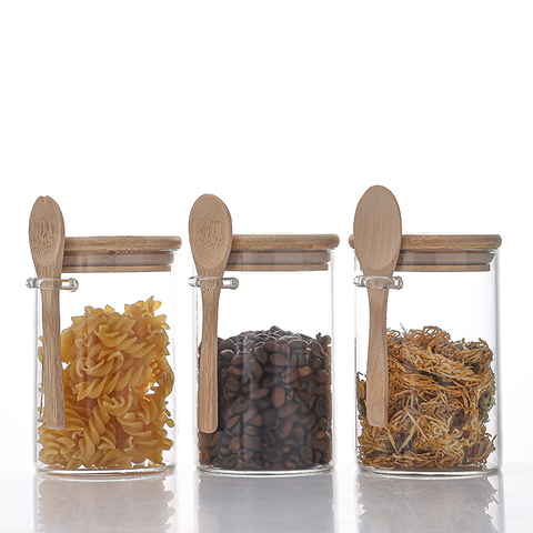 Wholesale 450ml Borosilicate Seal Glass Bottle Kitchen Food Storage Jars Spice Jar With Wooden Lid & Spoon