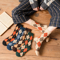 Chaussettes épaisses en laine et coton mélangés à motif Argyle vintage pour femmes, taille unique, chaudes pour l'hiver, motif rétro pour un usage quotidien décontracté