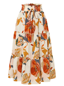 Orange Blossom Print Elastic Waist Cake <strong>Skirt</strong> <strong>a</strong> <strong>Line</strong> Pleated for Women Spring Summer Floral Midi <strong>Skirt</strong> - Product Image 2