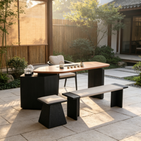 Ensemble de table à thé en bois massif moderne avec cadre noir, table à thé de loisirs avec tabourets et banc pour la maison, la villa, l'hôtel, le bureau, la salle de thé
