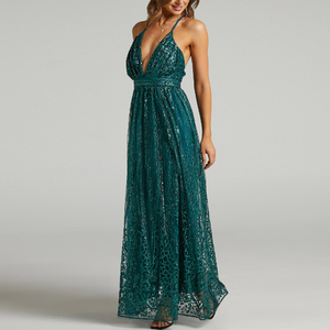 <span class=keywords><strong>Robe</strong></span> longue col en V pour femme, élégante, vert émeraude, pour bal de promo, soirée, cérémonie, sur mesure, 100% polyester - Product Image 4