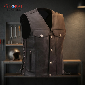 <b>Men's</b> <b>Slim</b> Fit High Quality Leather <b>Vest</b> Custom Size New Design Solid Outer Wear Casual Motorbike Waterproof Breathable Zipper - Product Image 3
