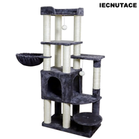 Grand arbre à chat avec poteaux à gratter en sisal gris, hamac latéral, maisonnette fermée, balles suspendues et larges plateformes