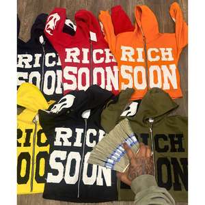 Sudadera con capucha de lavado ácido 100% algodón Unisex Streetwear Zip up Tela adherida Bordado Logo Pantalones de chándal bordados Sudaderas con capucha para hombres - Product Image 1