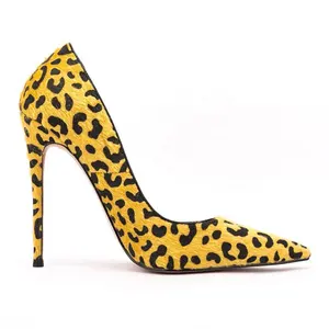 新款颜色黄色豹纹女童办公高跟鞋4.7英寸女鞋高跟鞋
