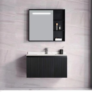Black Fluted Wall-Mounted Bathroom Vanity with LED Mirror and Ceramic Basin Modern Minimalist Design - Product Image 3
