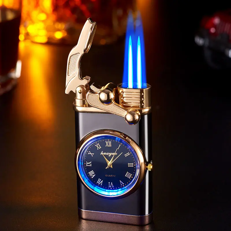 Rocker Arm Watch Cigarette Lighter Butane Gas Doule Blue Flame Torch Lighter With Fashion Dial