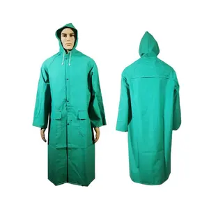 Custom Nylon Pvc Chemische Slip Waterdichte Vlamvertragende Regen Lange Regenjas Mannen Regen Jas Met Kap