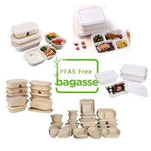 100% Compostable Clamshell Take Out Food Containers [8X8 3-Compartment  200-Pack] Heavy-Duty Quality to go Containers, Natural Disposable Bagasse