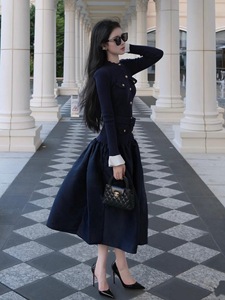 <span class=keywords><strong>Abito</strong></span> a Linea A di Alta Qualità per Donna, <span class=keywords><strong>Blu</strong></span> Scuro, Lavorato a <span class=keywords><strong>Maglia</strong></span> con Patchwork, Collo Tondo, Maniche Lunghe, per Autunno e Inverno - Product Image 4