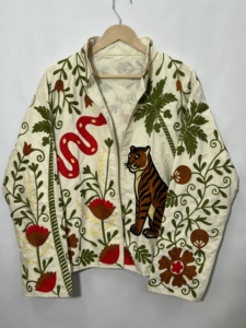 Women's Hand Embroidered Safari Jacket Full Sleeve Mandarin Collar Cotton Floral Animal Pattern Summer Style Woven <b>Fabric</b> - Product Image 2