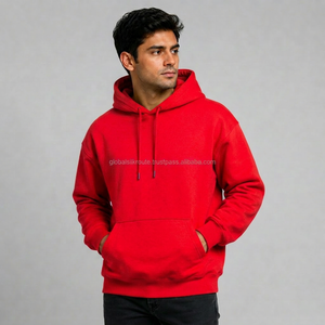 Sweat-shirt à capuche unisexe rouge en molleton, coupe classique, couleur unie, avec poches, tricoté pour l'hiver, 100 % coton, écologique - Product Image 4