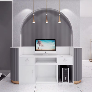 White Gold Modern Reception <b>Desk</b>, Luxury Ribbed Front Salon Front <b>Desk</b> with LED Base for Beauty Spa & Boutique - Product Image 5