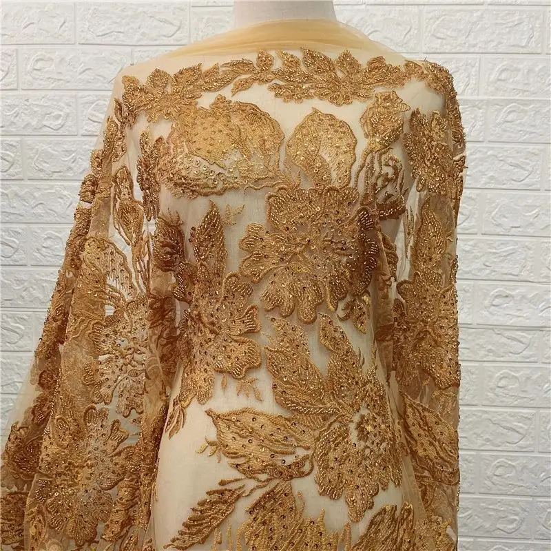 Party Dress Embroidered Mesh Tulle High Density Heavy Beaded Gold Gorgeous Wedding Dress Lace Fabric African l Lace