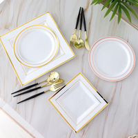Assiettes de mariage carrées jetables personnalisées, ensemble de vaisselle PS en plastique bon marché avec bord or rose argenté